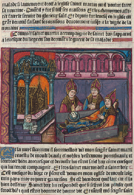 Woodcutting of the healing of the Bishop of Liege Eraclius by Saints Martin and Brice in front of St. Martin's tomb from a 1496 French test on the Miracles of St. Martin along with the old French text